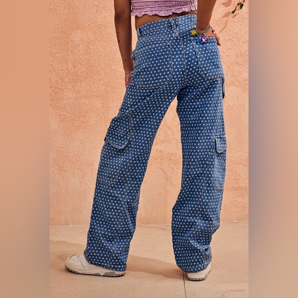 Damson Madder Maya Flower Jacquard Cargo Jeans in indigo blue co-ord UK 6 US 24 - Picture 10 of 14